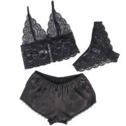 Subblime - 953911 Chemisier De Nuit En Soie Et Dentelle + Culotte Noire S/M